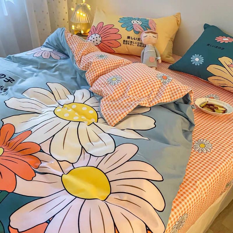 Bộ Chăn Ga Gối Hoa Cúc Cô Bé Cotton Poly