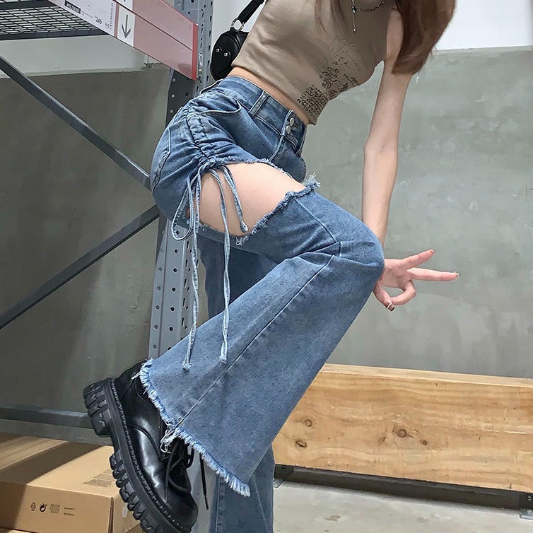 Quần Jeans Nữ Lưng Cao Rách Gối Cá Tính