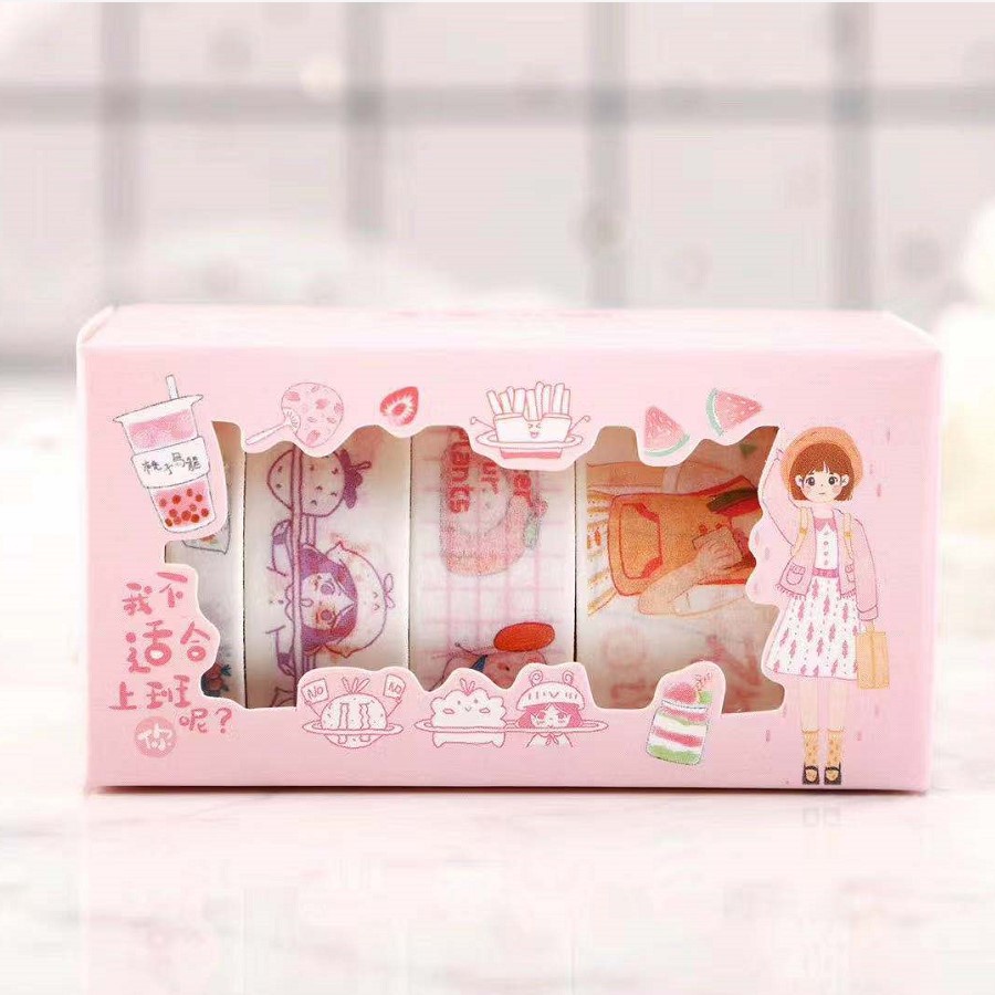 Hộp 5 cuộn băng keo washi nhiều hình hoạt hình dễ thương trang trí sổ tay nhiều chủ đề CREAMY