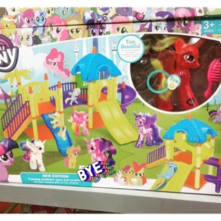 Đồ chơi công viên bập bênh,cầu trượt và 1 chú ngựa pony,mèo hello kitty
