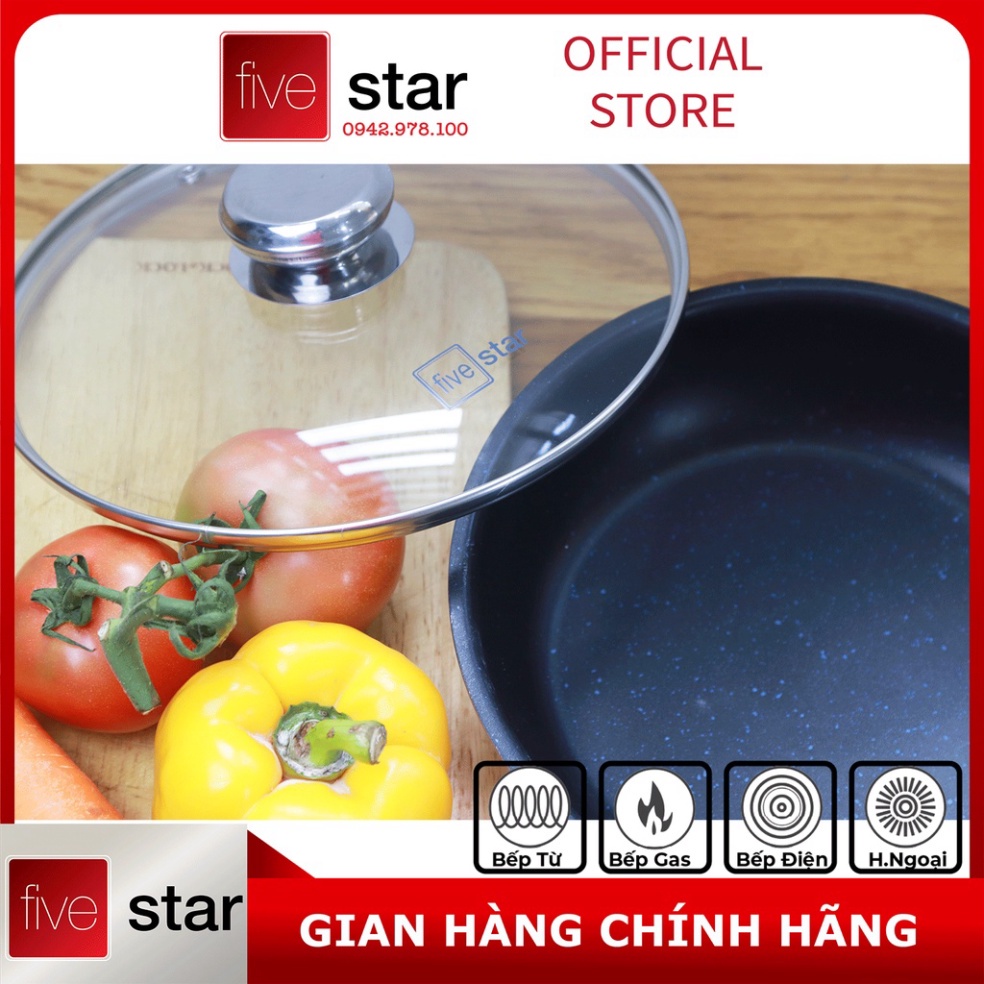 Chảo chống dính vân đá 3 lớp đáy liền inox 304 cao cấp Fivestar Plus có nắp kính  (22cm/24cm/26cm/28cm), tặng 5 muỗng ăn