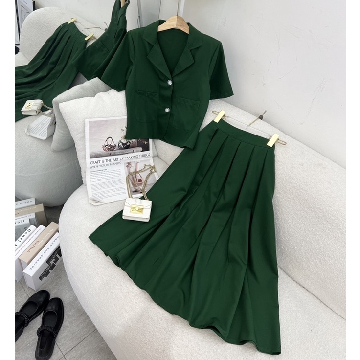 SET ÁO VEST XANH LÁ NÚT + CHÂN VÁY MIDI