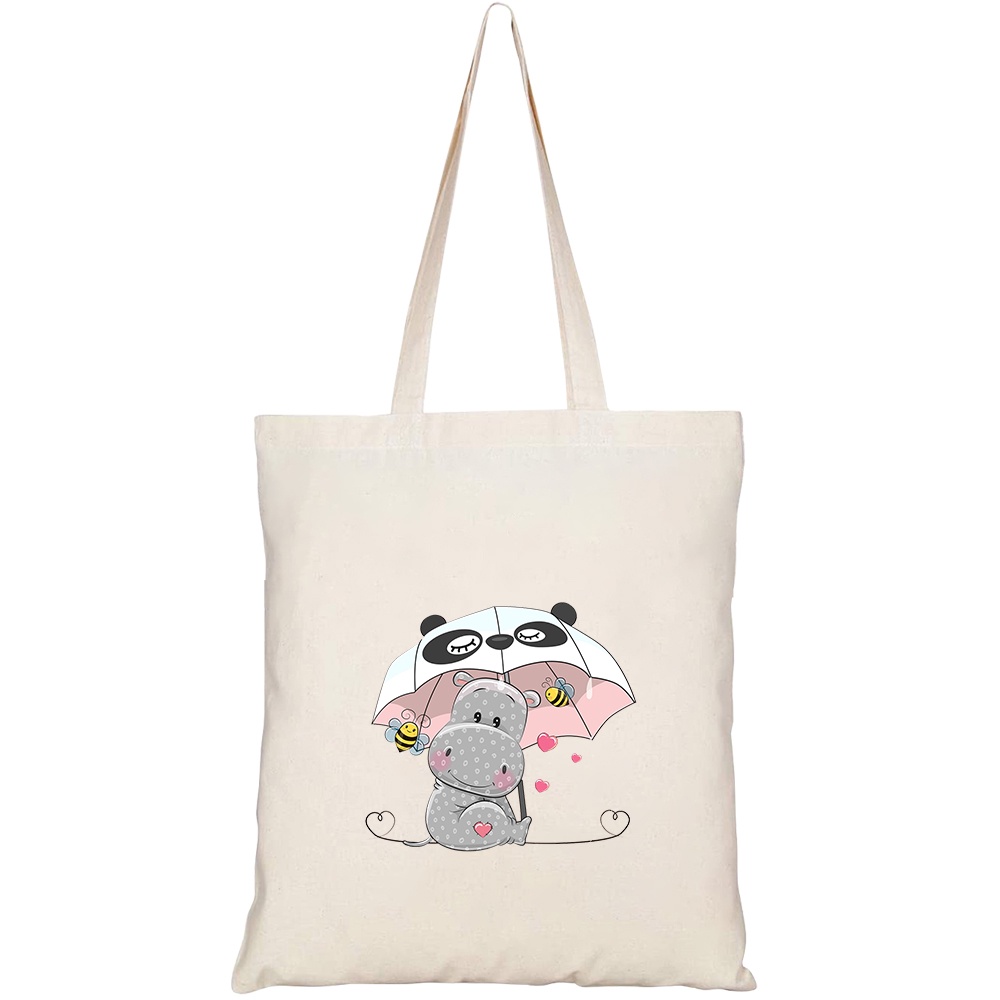 Túi vải tote canvas HTFashion in hình cute hippo two bee umbrella HT528