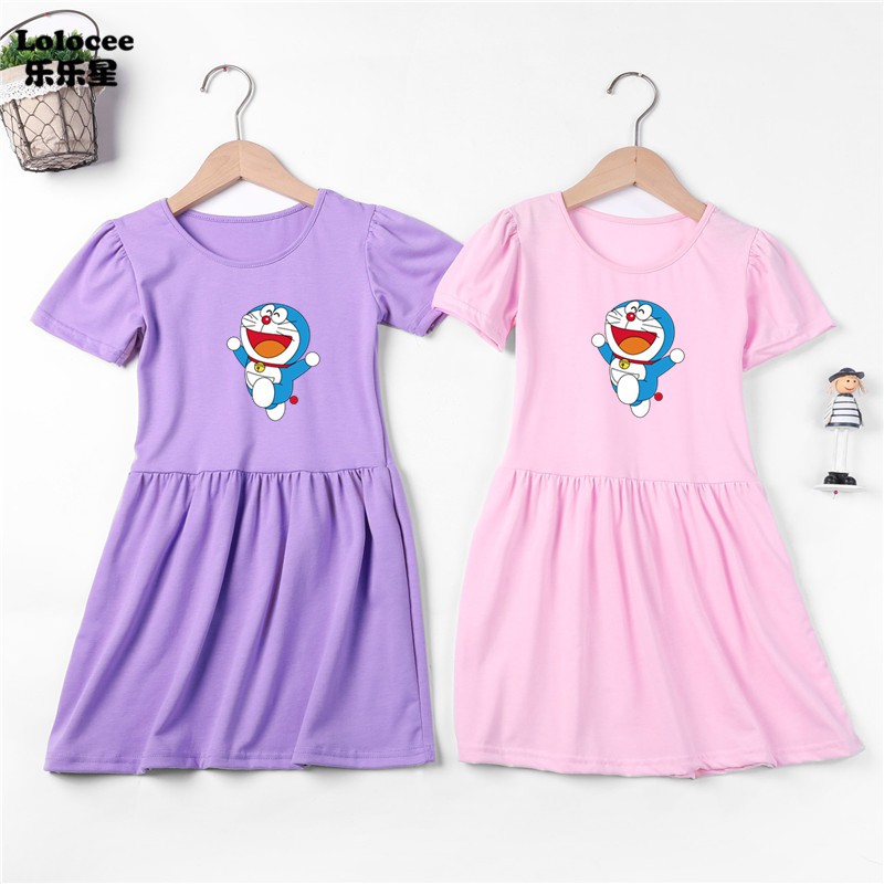 Đầm Ngắn Tay In Hình Doraemon Cho Bé Gái