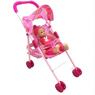 Bộ đồ chơi xe đẩy búp bê em bé trai phát nhạc bằng sắt