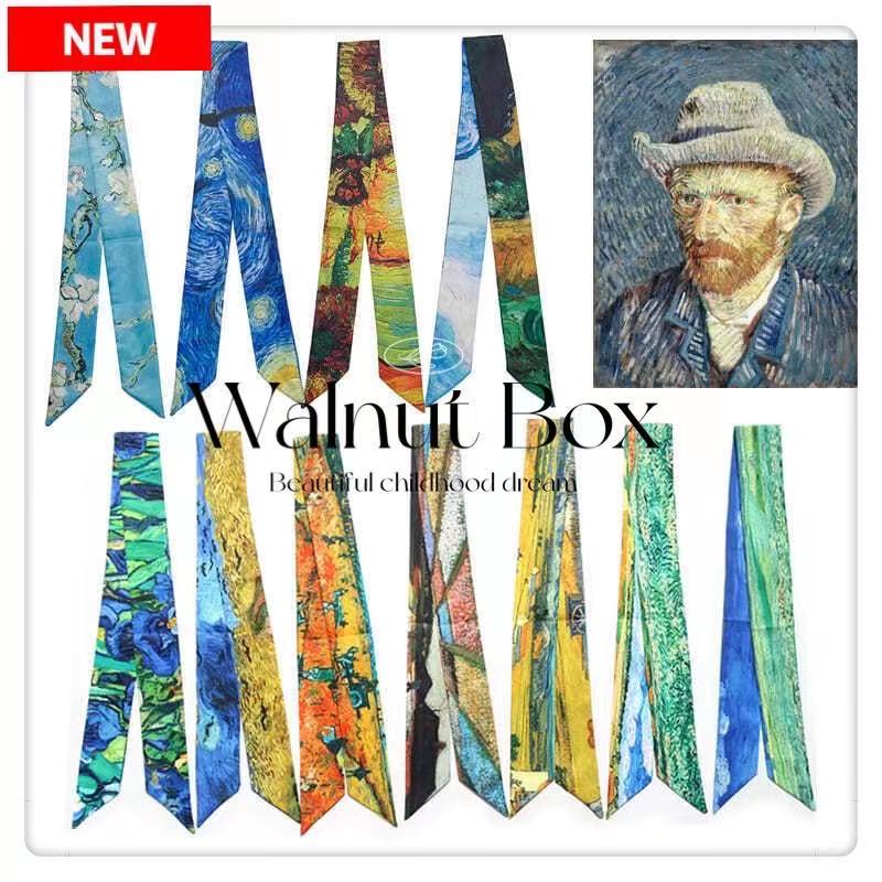 Art with Bag Handle Van Gogh Wheat Field Apricot Flower Starry Sky Oil Painting Slim Narrow Silk Scarf Hair Band Scarf