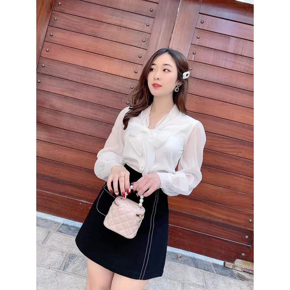 Áo Sơ mi nữ màu trắng tay bồng voan mềm mại, cổ thắt nơ xinh xắn, sơ mi công sở, áo kiểu nữ tính, duyên dáng