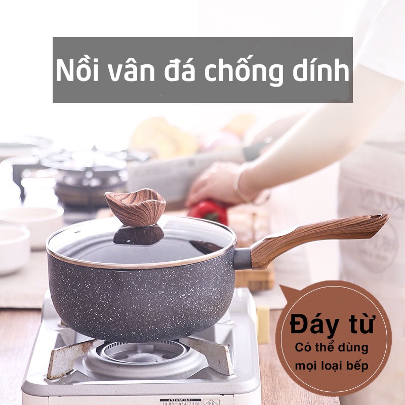 Nồi Vân Đá Đáy Từ Chống Dính, Nồi Quánh Đáy 3 Lớp Size 16-18cm Hợp Kim Nhôm, Nắp Kính Cường Lực Tay Cầm Chống Bỏng