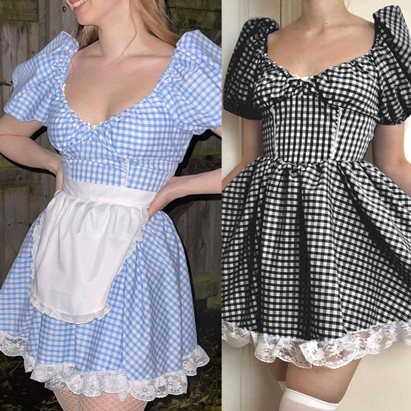 Đầm Tay Ngắn Phồng Cổ Chữ V Họa Tiết Kẻ Ô Thắt Nơ Eo Cao Phong Cách Gothic Cổ Điển Quyến Rũ Dành Cho Nữ