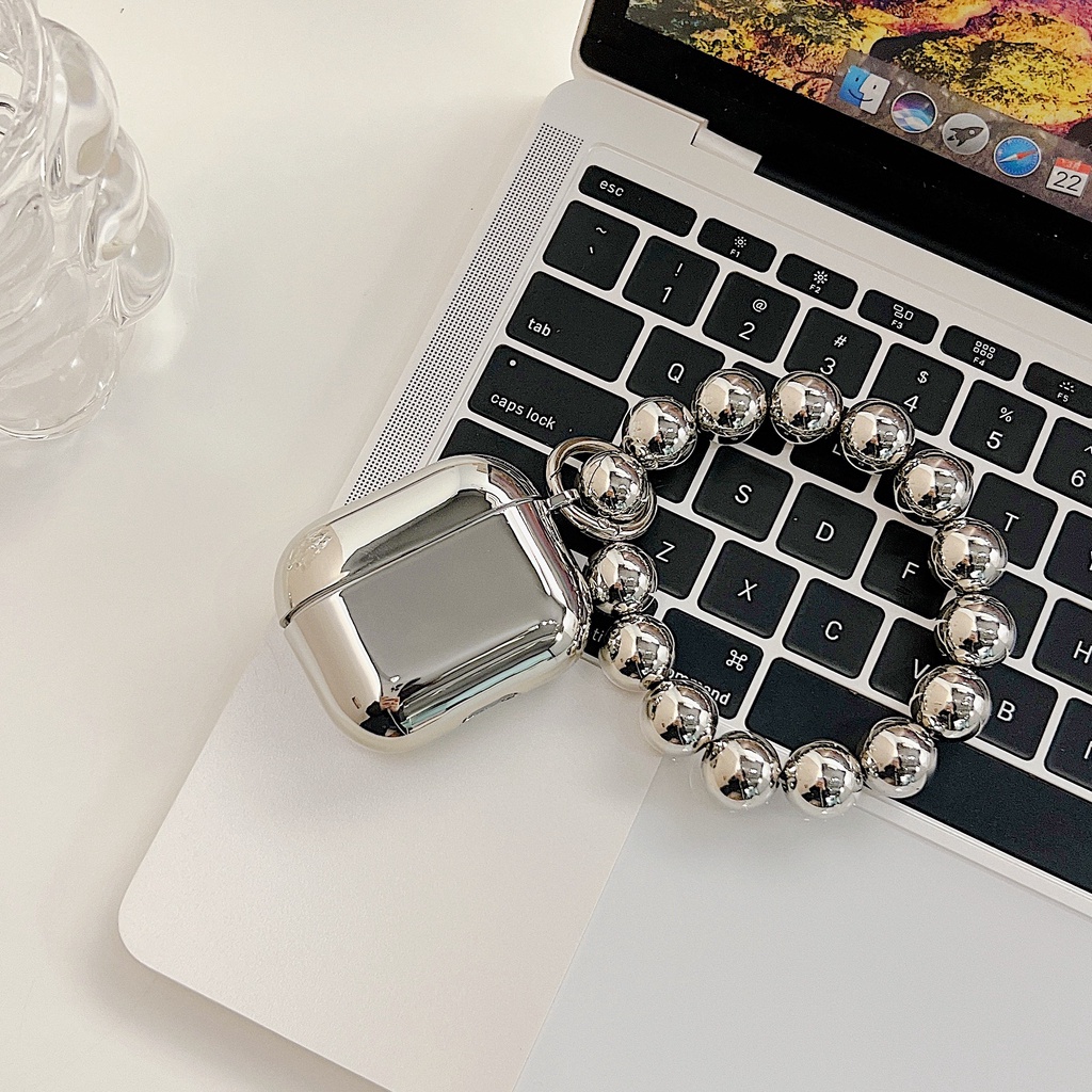Vỏ Bảo Vệ Hộp Sạc Tai Nghe Bluetooth airpods 1 2 3 pro Bằng tpu Mềm Mạ Bạc Đính Chuỗi Hạt Thời Trang Mới