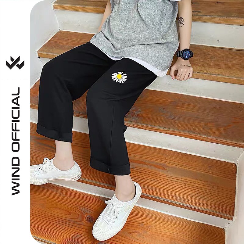 Quần baggy Wind unisex kaki ống suông Thêu Hoa Cúc nam nữ form rộng ullzang