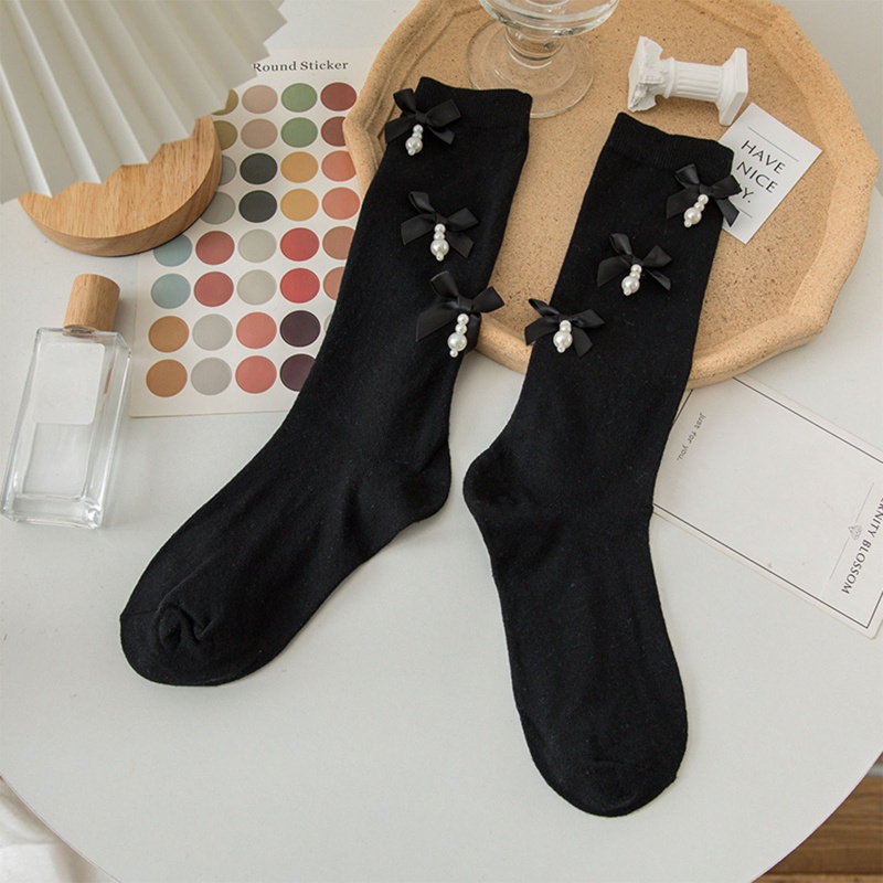 Vớ Cotton Cao Đến Đầu Gối Đính Nơ Và Ngọc Trai Ngọt Ngào Phong Cách Harajuku Cho Nữ Sinh