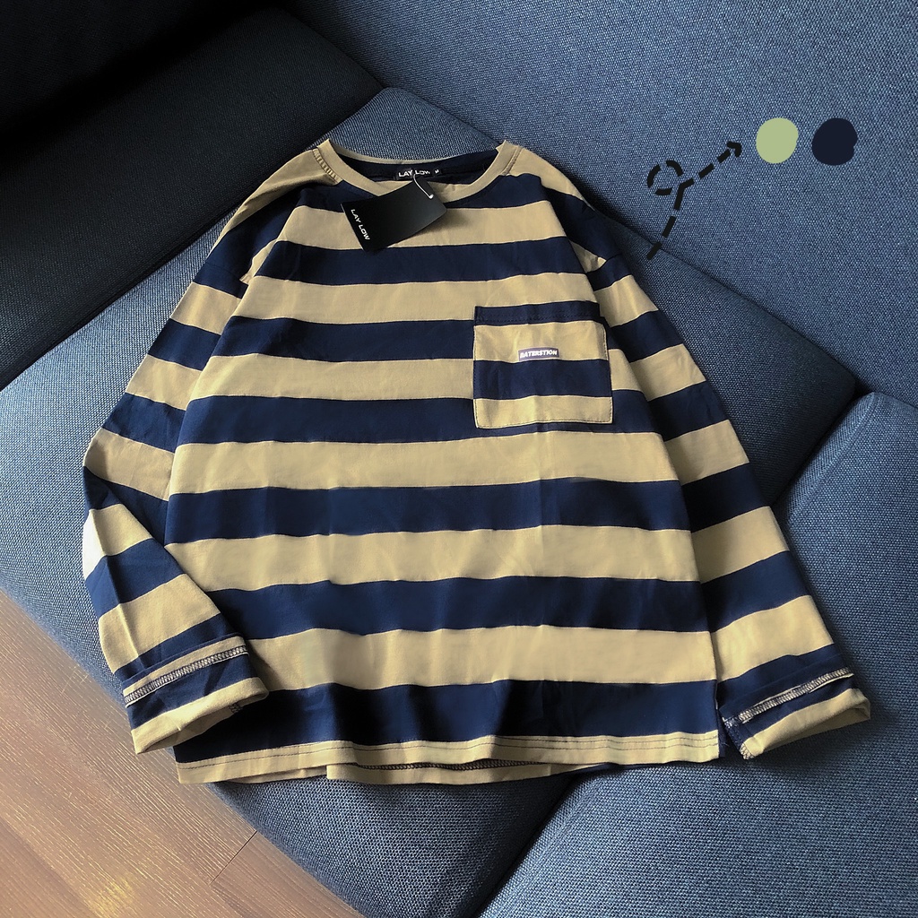 Áo dài tay kẻ ngang MEANSTORE phông Unisex nam nữ tee oversize form rộng pull Ulzzang Hàn Quốc vải mềm - Than rêu