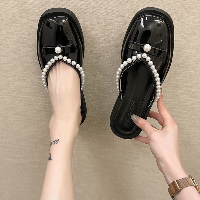 (ảnh+video)giày sục nữ da bóng đính ngọc traiii thời trang | BigBuy360 - bigbuy360.vn