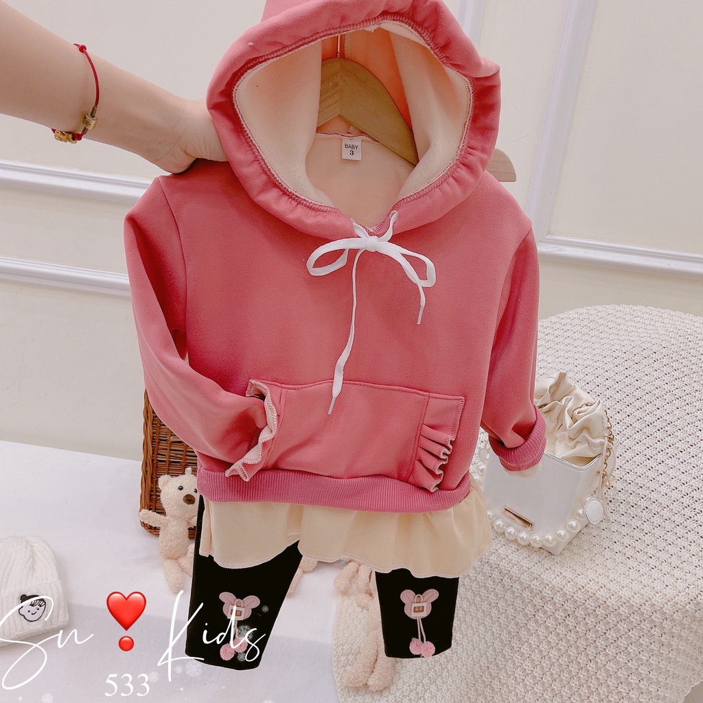 Bộ nỉ lót lông áo hoodie túi bụng quần legging bé gái, Bộ Nỉ Lót Lông Có Mũ cho bé gái