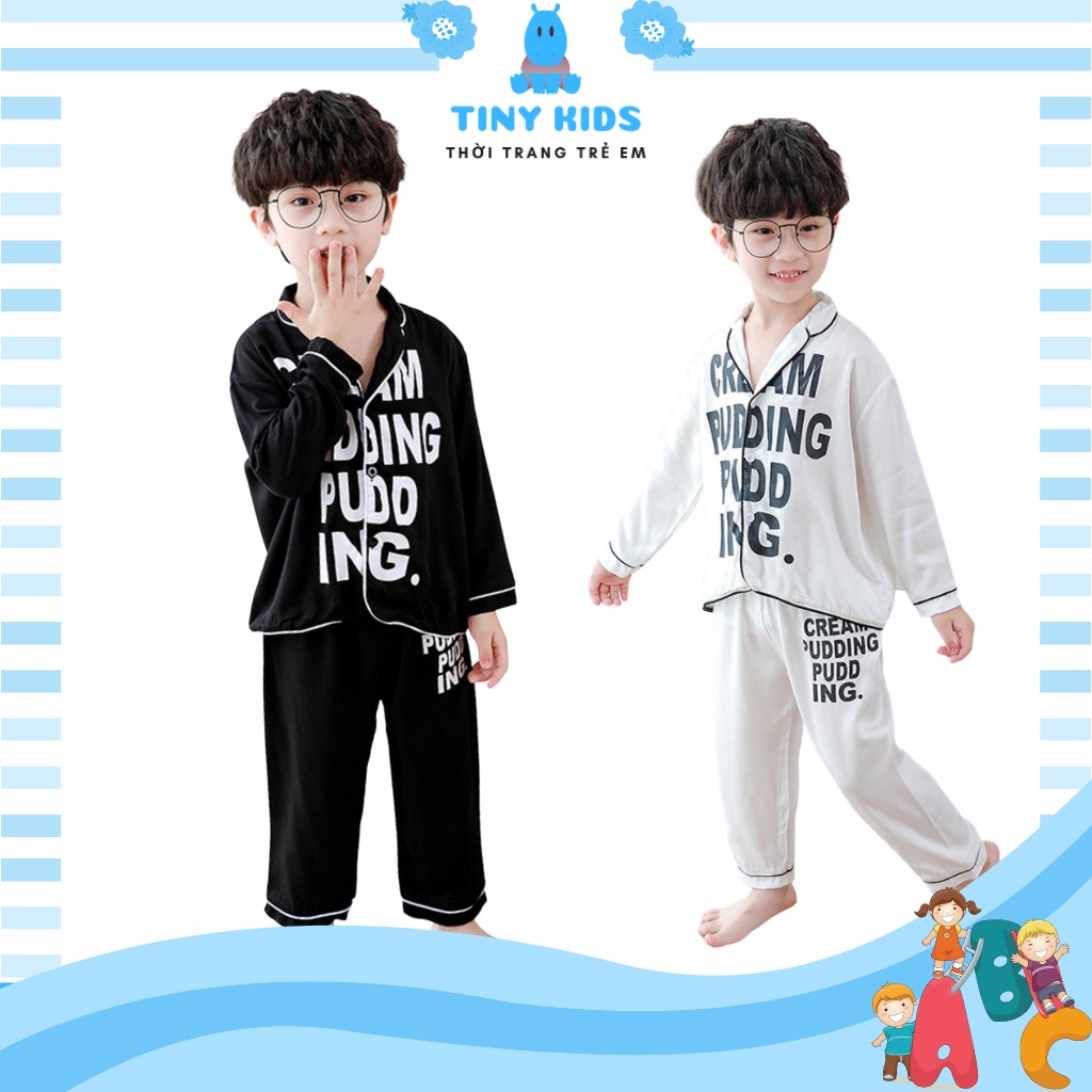 Bộ pijama lụa xuất xịn in hình chữ, đồ bộ ngủ cho bé dài tay từ 6-28kg-Tiny Kids