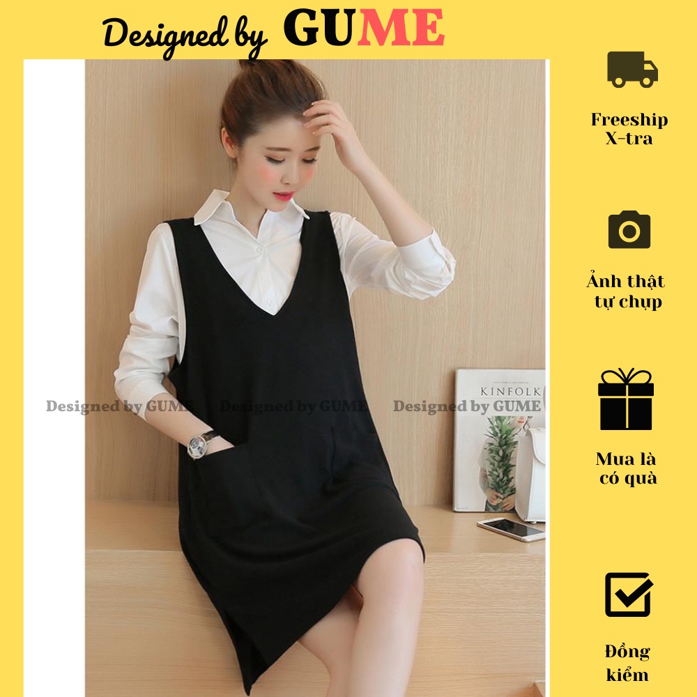 Đầm Bầu Công Sở - Váy Bầu GUME sét yếm áo đen may rời chất vải sạn lụa size từ 40-100kg MYC1051
