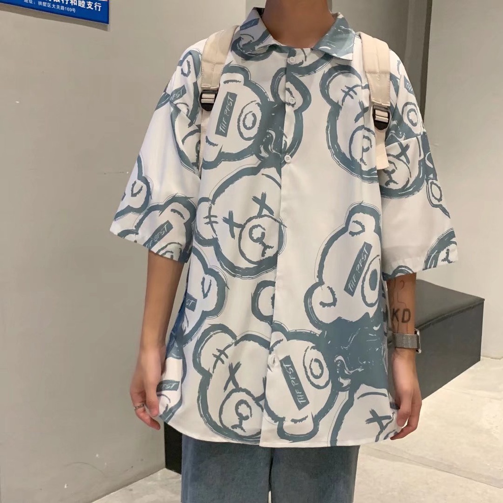 Fashionable Cartoon Bear Printed Men's Short Sleeve Shirt