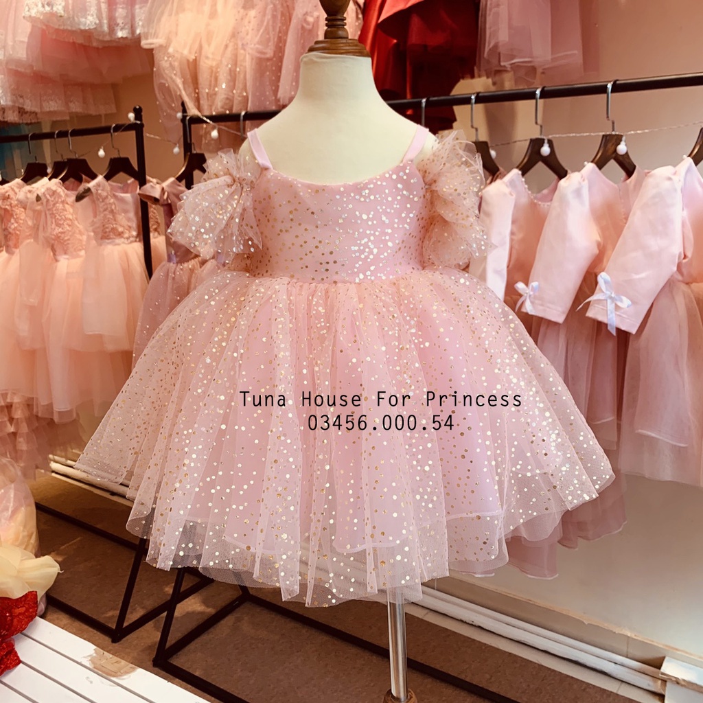 [Sẵn size 9-35kg] Váy đầm xoè công chúa thiết kế cho bé gái chấm bi nhũ trễ vai  - Tuna House For Princess