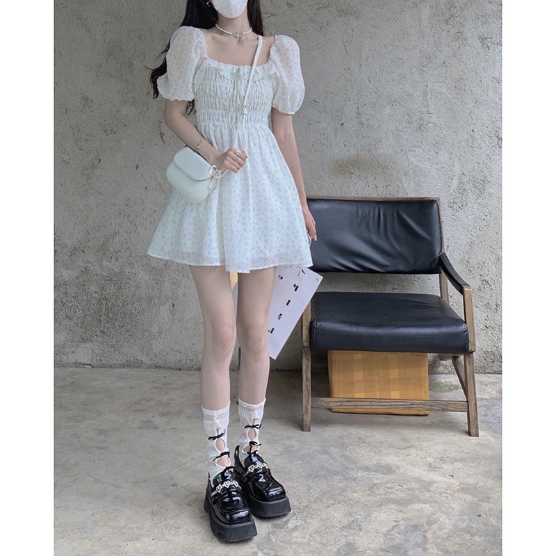 Váy trắng chông chúa đầm hoa nhí tiểu thư dáng ngắn nhẹ nhàng Firstdateclothing