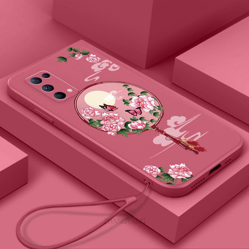 Ốp Điện Thoại Silicon Mềm Họa Tiết Hoa Mẫu Đơn Có Dây Đeo Cho oppo reno 4 reno 5