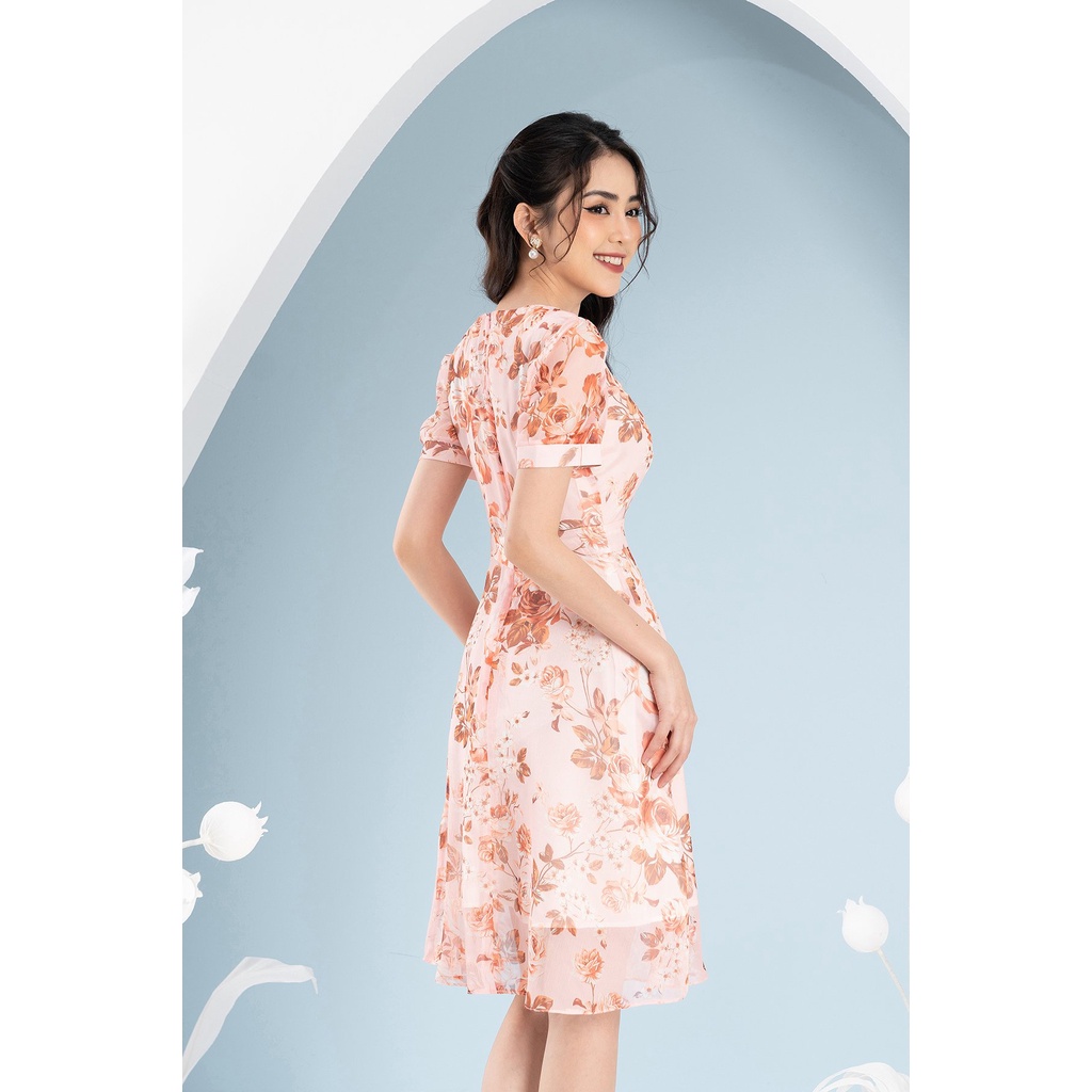 Đầm Hoa Hồng Dáng Xòe Nhẹ Nhàng Luperi LFV3291 thiết kế bèo nhún chiều dài đầm qua gối may 2 lớp chất liệu tơ cao cấp