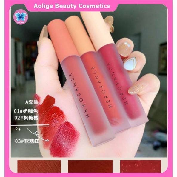 Son nội địa trung quốc 💕𝑭𝒓𝒆𝒆𝒔𝒉𝒊𝒑💕 Set 3 cây son kem lì Herorange Fluffy Lip Glaze - son dưỡng môi chính hãng có màu A&B. | Thế Giới Skin Care