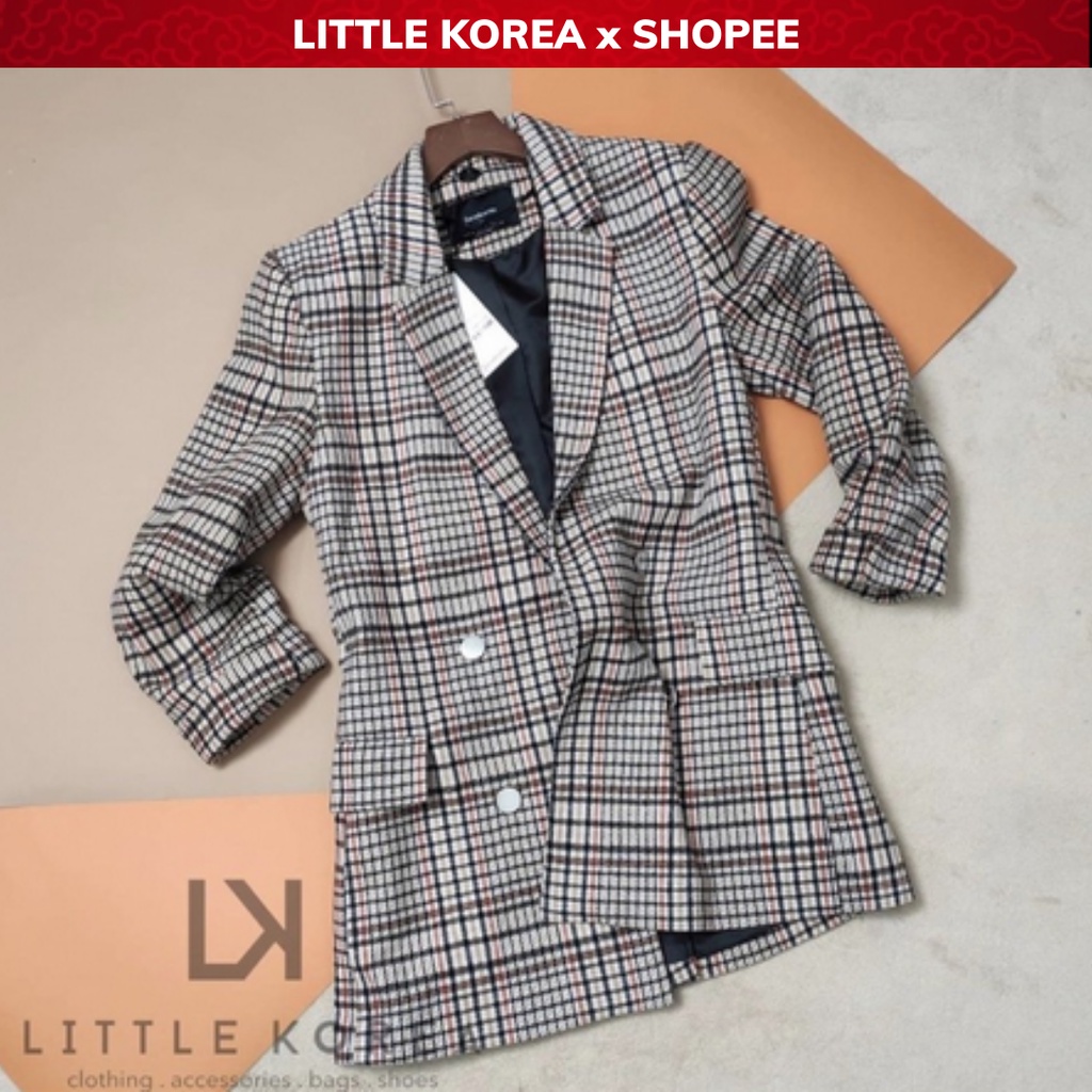 Áo Khoác Dạ Nữ, Áo Blazer Nữ 2 Lớp Dáng Dài Kẻ Caro STRA - LITTLE KOREA