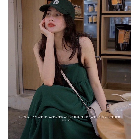 Váy hai dây dáng xòe 3 tầng dây chỉnh được màu xanh hottrend vanmiushop