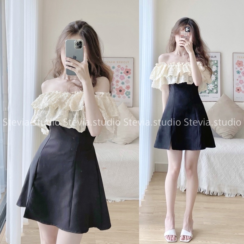 Ảnh thật by Stevia.studio - Váy trễ vai thêu lông - 3 size Xs, s, m