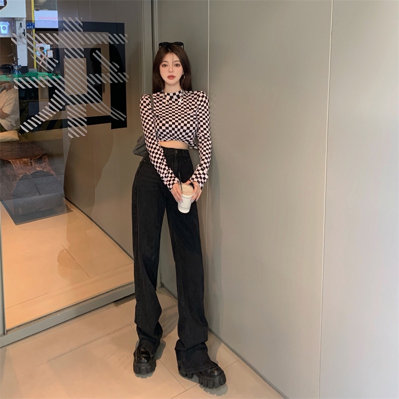 Áo thun tay dài cổ tròn họa tiết sọc caro form ôm hợp thời trang