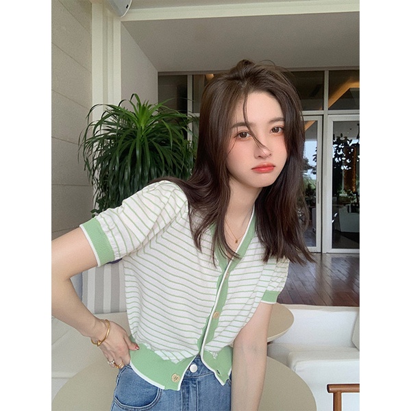 Áo Cardigan Ngắn Tay Kẻ Sọc Màu Sắc Trơn Phong Cách Retro Hàn Quốc