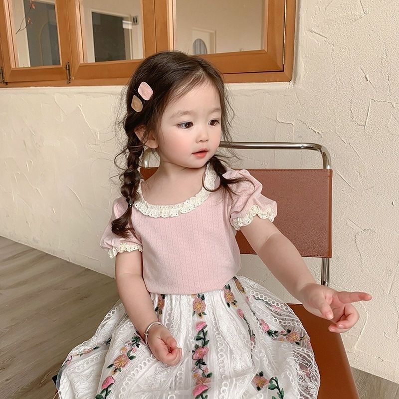 Áo Sơ Mi Ngắn Tay Phối Ren Xinh Xắn Theo Phong Cách Mùa Hè Dành Cho Bé Gái