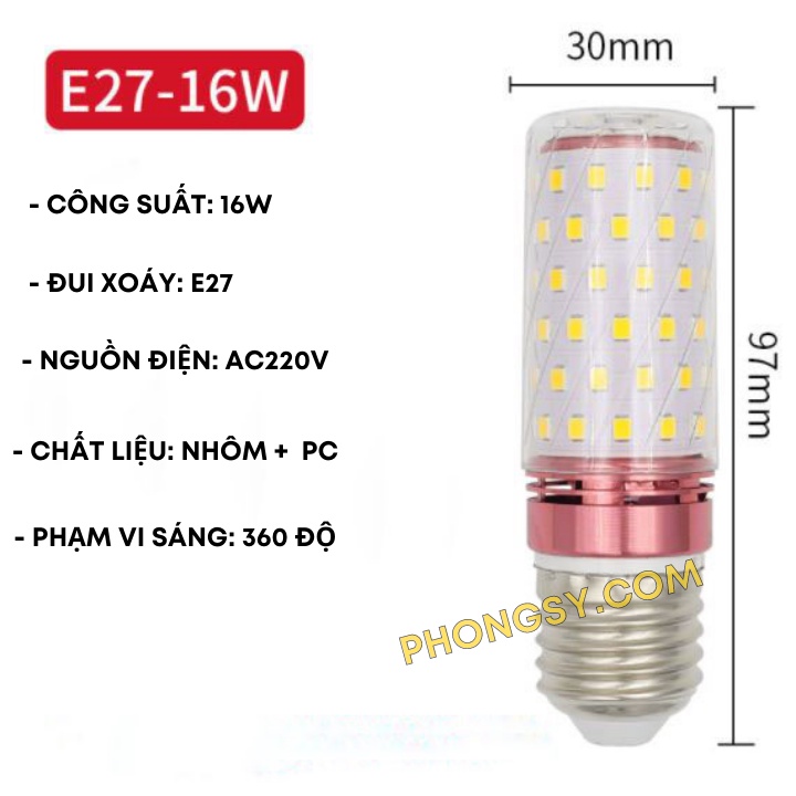 Bóng đèn LED siêu sáng hình bắp ngô đui xoáy E27/16W ánh sáng trắng, vàng.