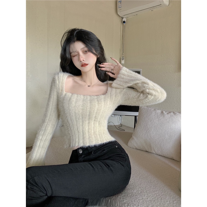 Áo Sweater Dệt Kim Cổ Vuông Màu Tím Thời Trang Quyến Rũ Cho Nữ