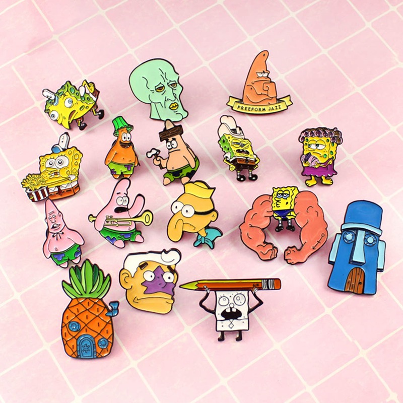 Nuserw GDHY SpongeBob Anime Series Brooch 16 Styles Sponge Bob Enamel Pins Sea Stars Barnacle Boy Pineapple House For Kids Button Badge-in Brooches From Jewelry &amp; Accessorie
