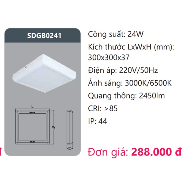 (Chính hãng) Đèn Led ốp trần vuông nổi 24W DUHAL