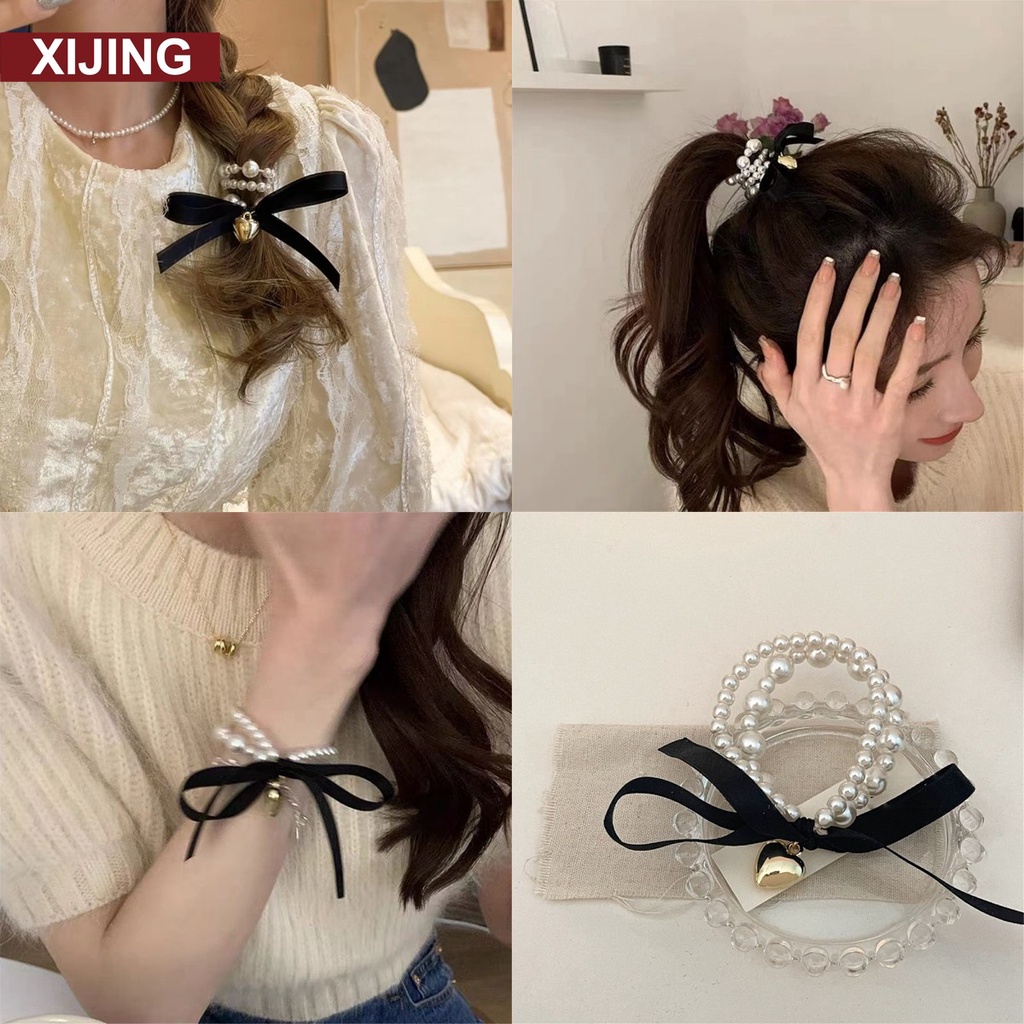 【COD】Dây Cột Tóc Thắt Nơ Đính Ngọc Trai Đen Phong Cách Hàn Quốc Thanh Lịch Dành Cho Nữ