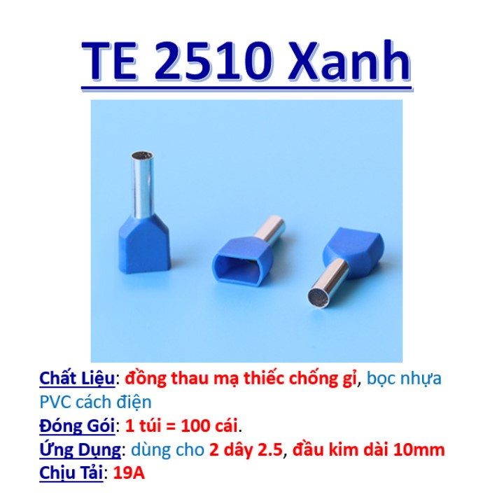 Đầu cos  pin rỗng đôi TE2510 100cái, bấm nối dây điện 2.5mm bọc phủ nhựa xanh đỏ, cosse kim bằng đồng