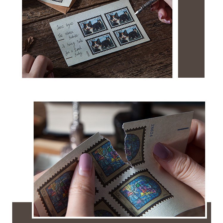 Bộ phong bì 40 tem Vintage Cổ điển trang trí - Nhãn hình tem làm bullet journal, album