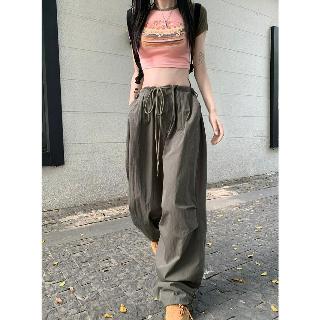 Áo Thun Ngắn Mỏng Dáng Rộng Thiết Kế Dây Rút Phong Cách retro Mỹ Cho Nữ