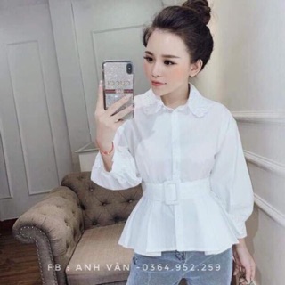 Áo sơ mi trắng cổ sen kèm đai