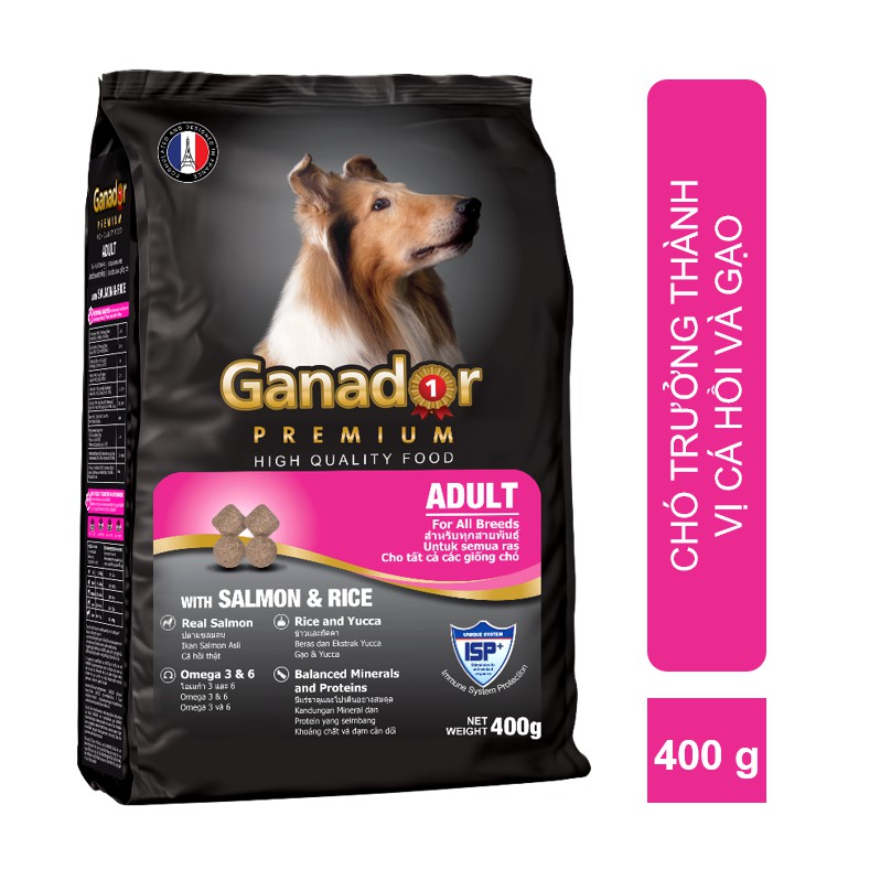 Combo 5 thức ăn cho chó trưởng thành Ganador vị cá hồi & gạo Salmon & Rice 400 gram/gói.