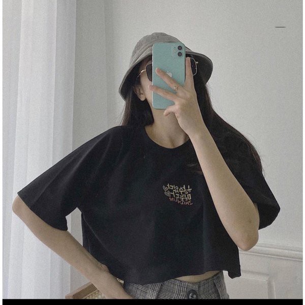 Áo croptop thun tay ngắn nữ thêu chữ Hàn Quốc form ngắn vải mềm mịn cao cấp chính hãng siêu xinh freesize dưới 60kg