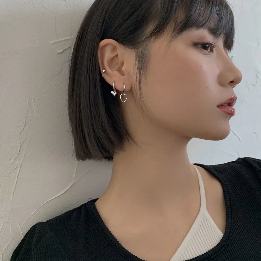 Khuyên tai MAYEBE LAVEND dáng dài hình trái tim màu bạc phong cách hip-hop Hàn Quốc đơn giản sành điệu