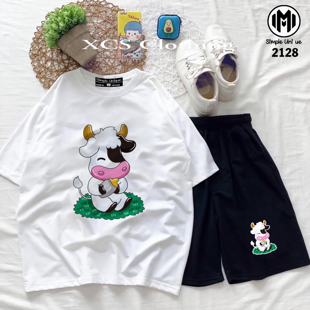 Đồ Bộ Hoạt Hình Unisex BÒ SỮA Set Cartoon, Freesize, Thun Cotton, Nam Nữ Đều Mặc Được