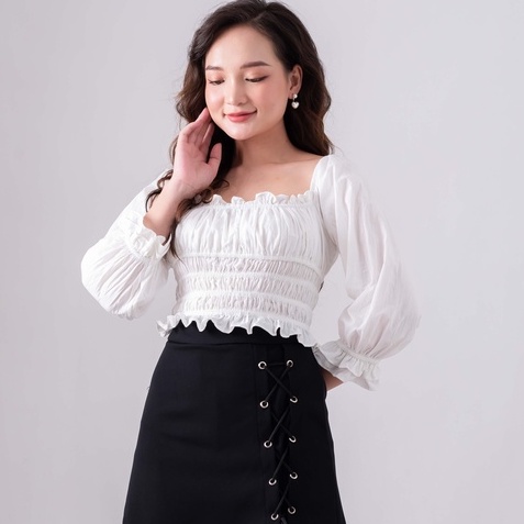 Áo croptop ulzzang trắng buộc dây cổ - áo bèo nhún ôm chun