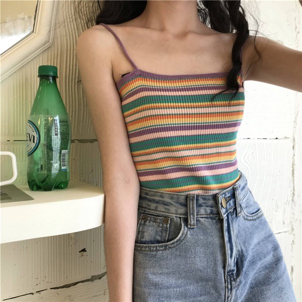 Áo 2 dây ZHELIHANGFEI dệt kim kẻ sọc màu cầu vồng