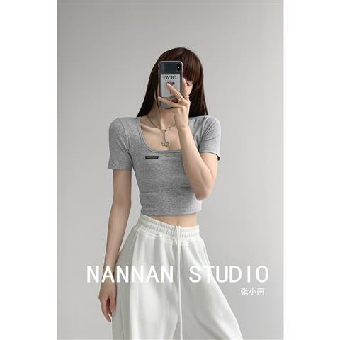 Cropped top Slim and elegant square collar strapless skinny summer short-sleeved crop shirt