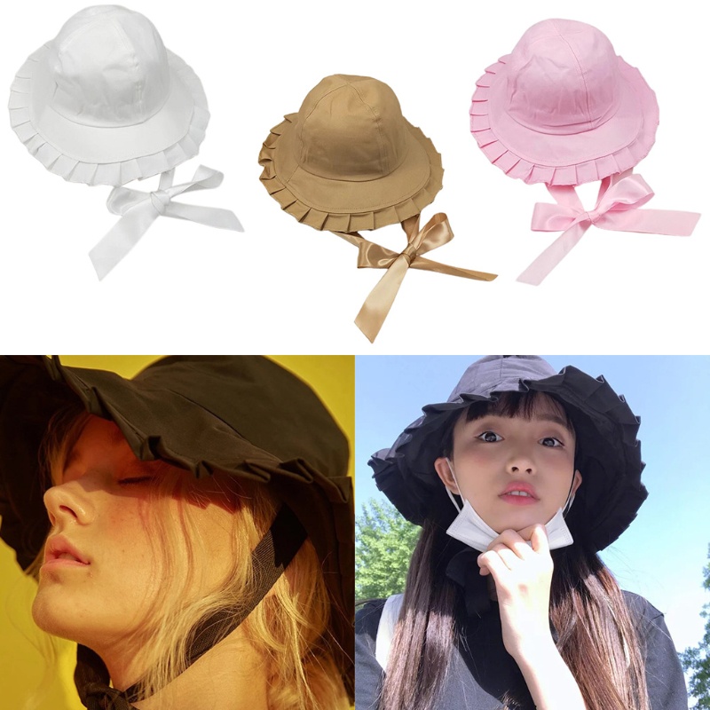 Nón Tai Bèo Vải Satin Phối Ruy Băng Thắt Nơ Xinh Xắn Thời Trang Đi Biển Mùa Hè